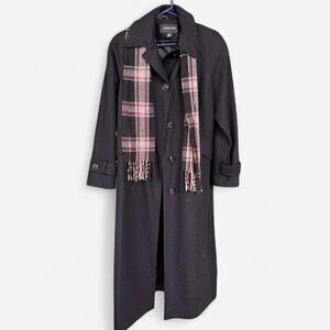 London Fog Black Wool Blend Trench Coat Plaid Scarf Vintage Classic Overcoat 6